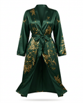 Dark green gold-floral satin lounge robe tied at the waist, packshot