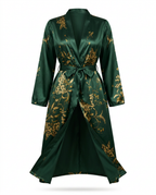 Dark green gold-floral satin lounge robe tied at the waist, packshot