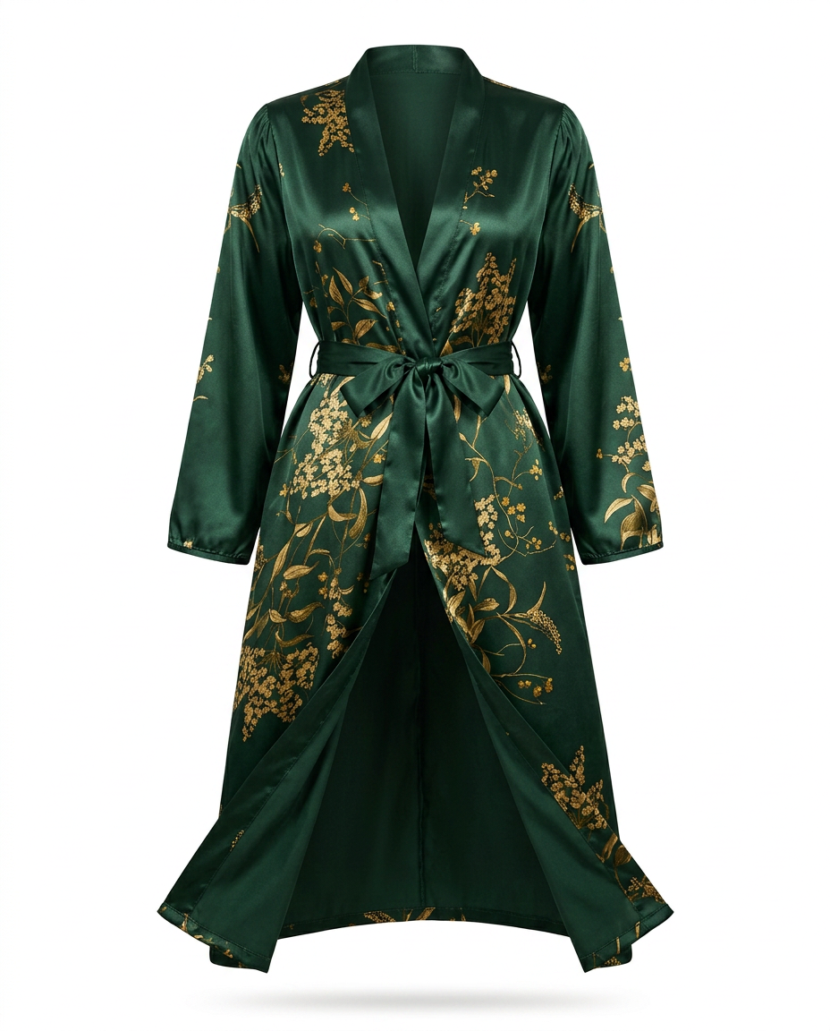 Dark green gold-floral satin lounge robe tied at the waist, packshot