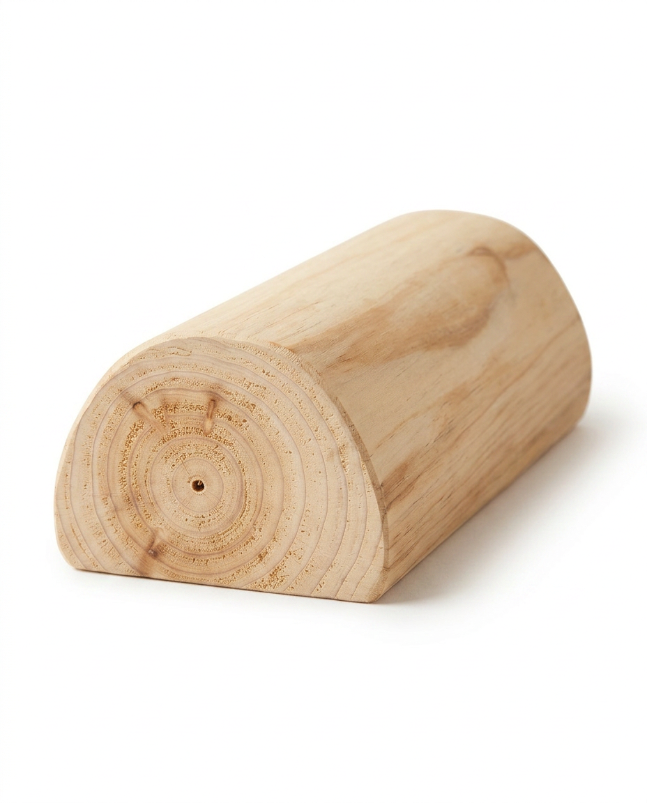 Half-round wooden Japanese sauna neck rest pillow on white background