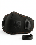 Black heated comfort mask with control buttons and USB cable, packshot on white