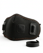 Black heated comfort mask with control buttons and USB cable, packshot on white
