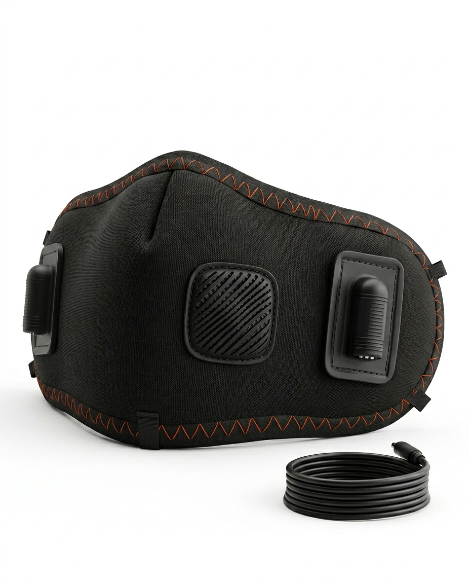 Black heated comfort mask with control buttons and USB cable, packshot on white