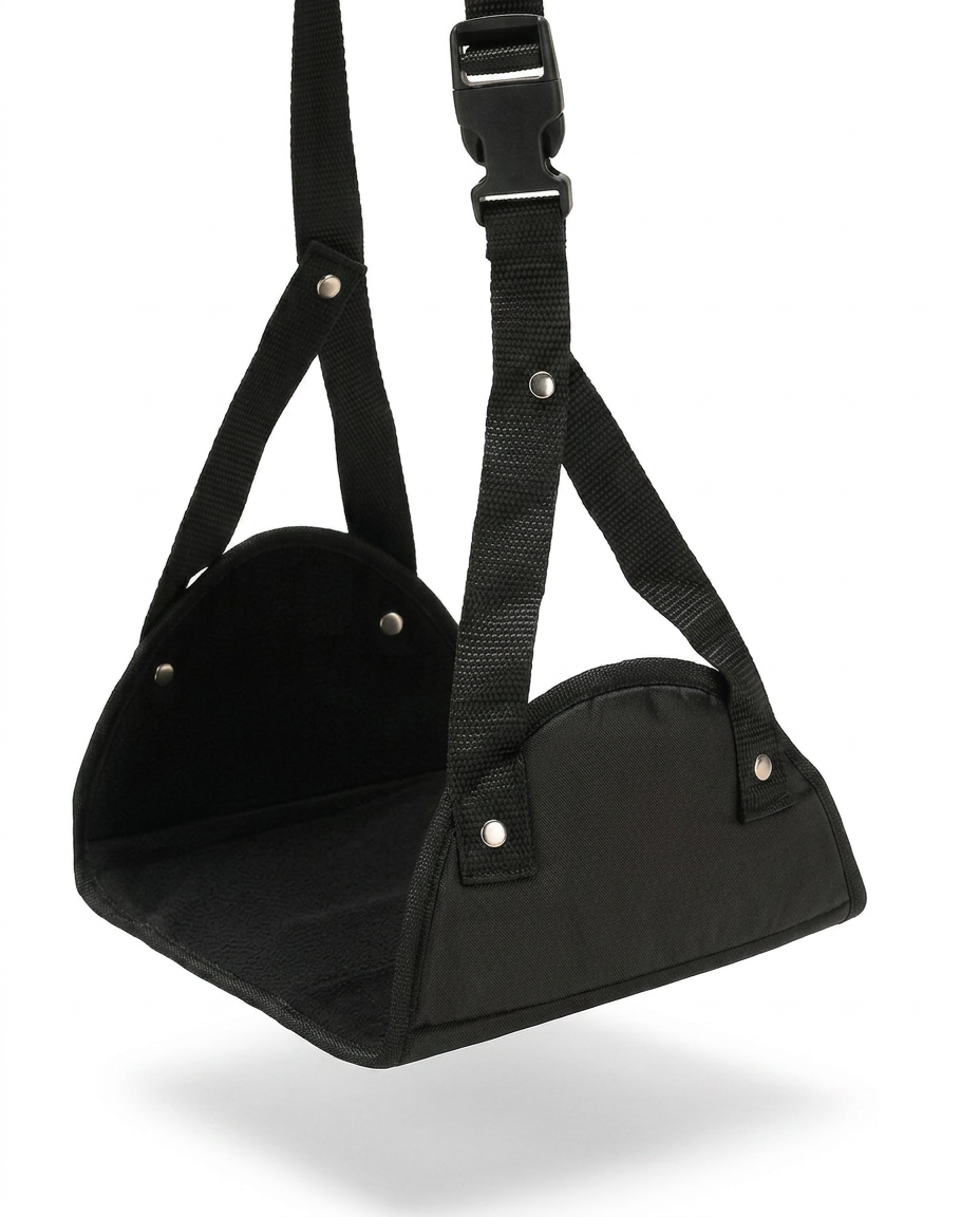 Black portable foot hammock leg rest with straps and buckle on white