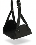 Black portable foot hammock leg rest with straps and buckle on white