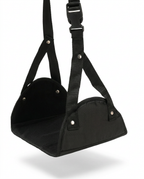 Black portable foot hammock leg rest with straps and buckle on white