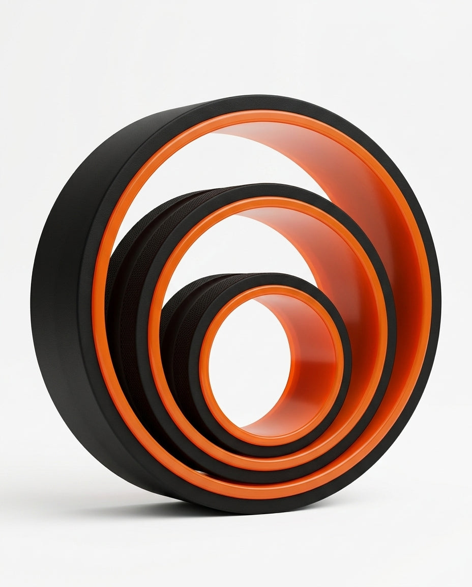 Three nested black and orange back stretching rollers in graduated sizes