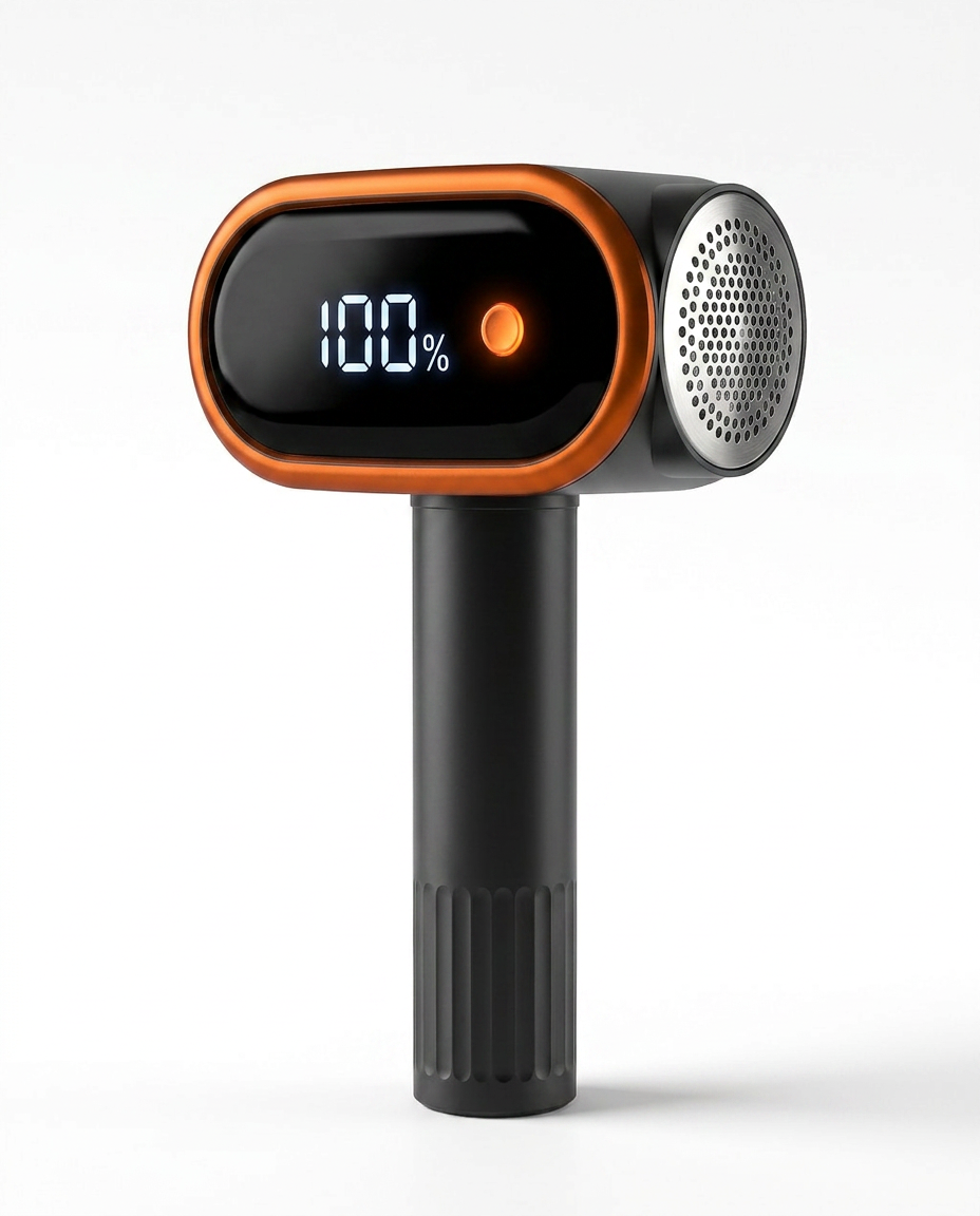 Black and orange portable fabric shaver with LCD battery display, studio shot