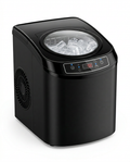 Black countertop ice maker filled with bullet ice, studio shot on white