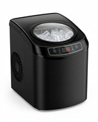 Black countertop ice maker filled with bullet ice, studio shot on white