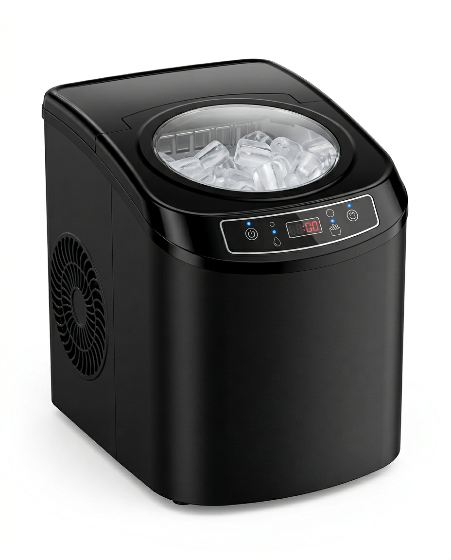 Black countertop ice maker filled with bullet ice, studio shot on white