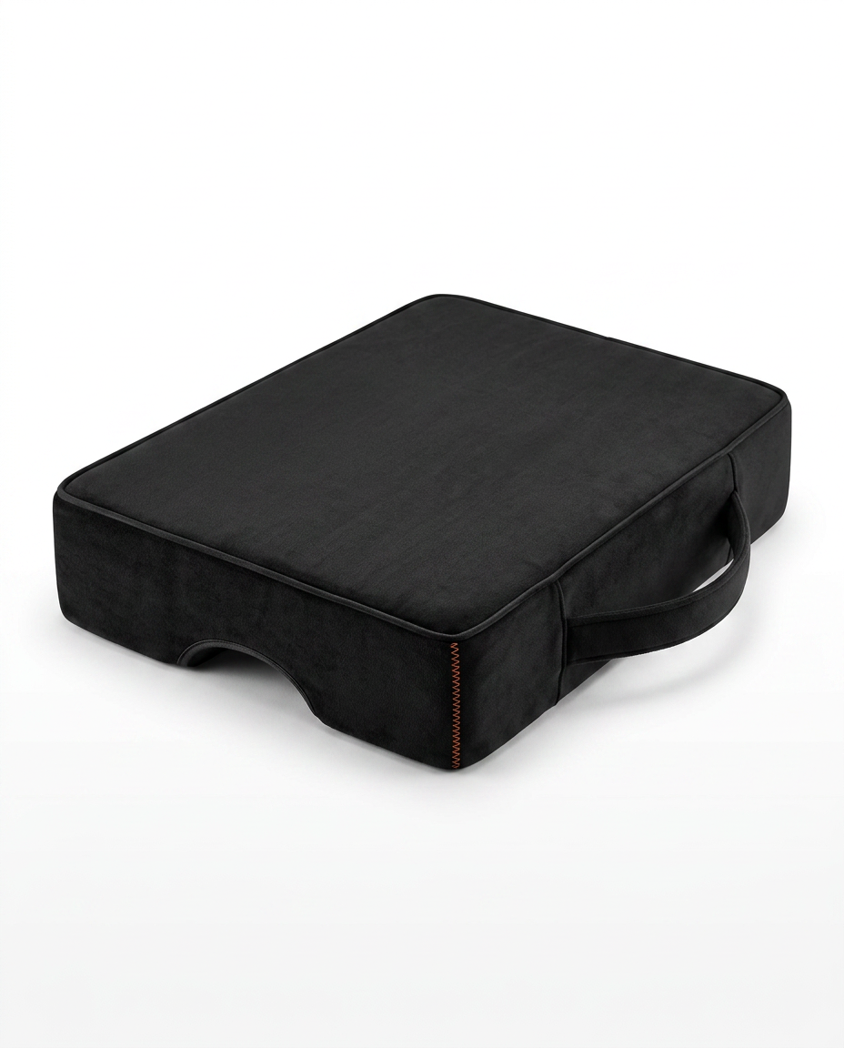 Black memory foam prayer kneeling cushion with carry handle on white