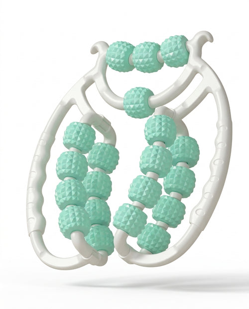 Green 360 degree muscle roller ring with spiked massage balls, studio shot