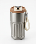 Stainless steel temperature display coffee mug with brown lid and wrist strap