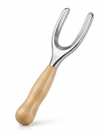Stainless steel fascia massage tool with Y-fork head and birch handle on white