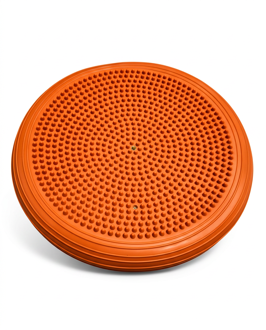 Orange inflatable balance disc with massage nubs, studio shot on white