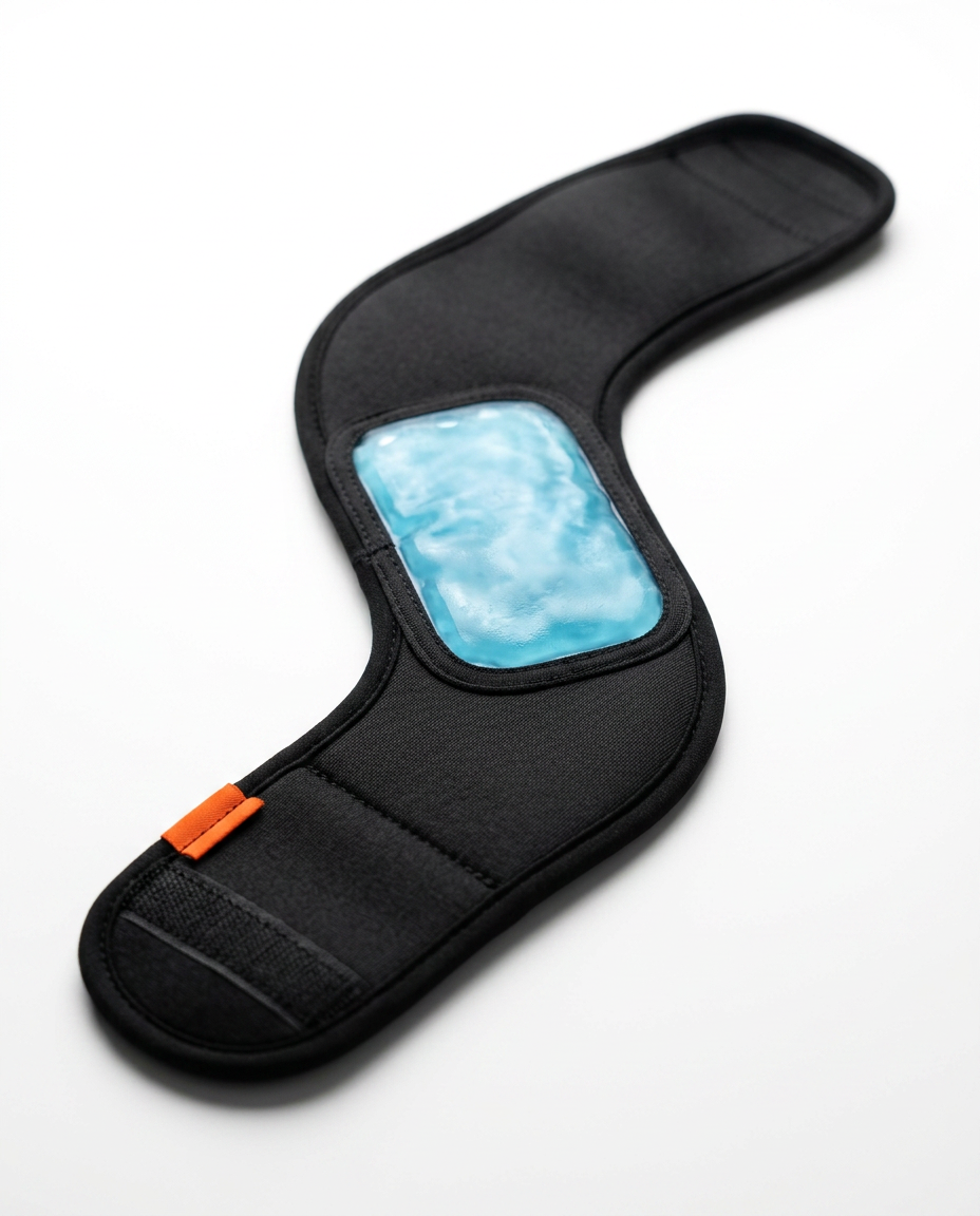 Black cooling gel wrap with blue gel pack and orange strap on white
