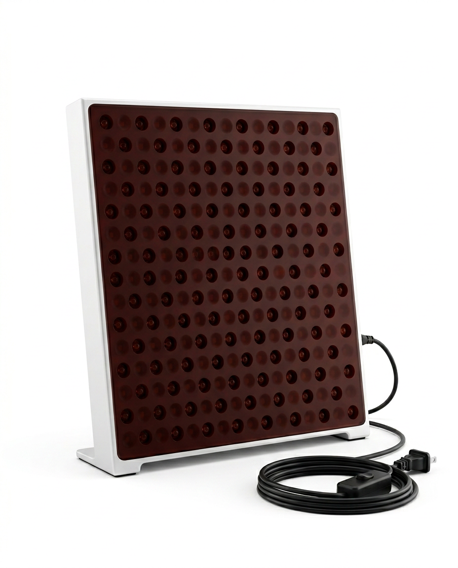 White-framed LED red light panel with cord, studio shot on white