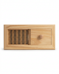 Wooden sauna air vent with louvered grille and sliding shutter on white