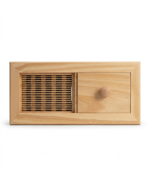 Wooden sauna air vent with louvered grille and sliding shutter on white