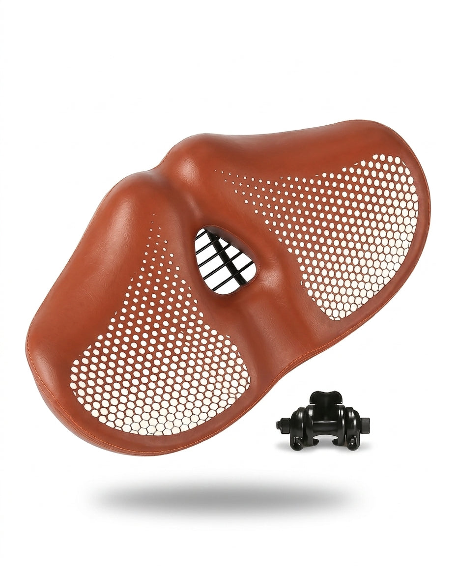 Brown wide ergonomic bike saddle with perforated mesh and central cutout