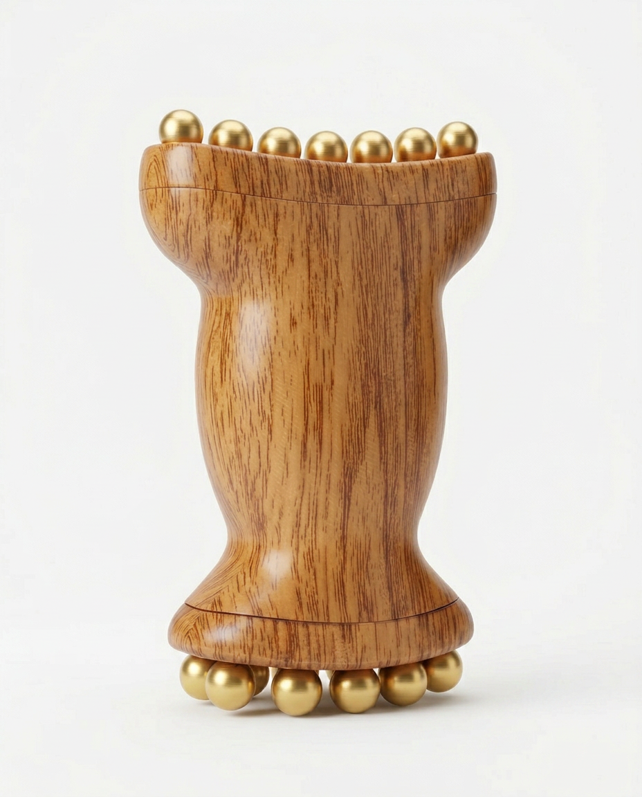 Wooden massage roller with brass beads and natural grain handle on white