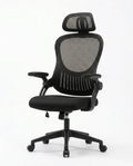 Black mesh ergonomic office chair with headrest and armrests on white