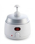White oil warming dispenser with pump and red LED display, studio packshot