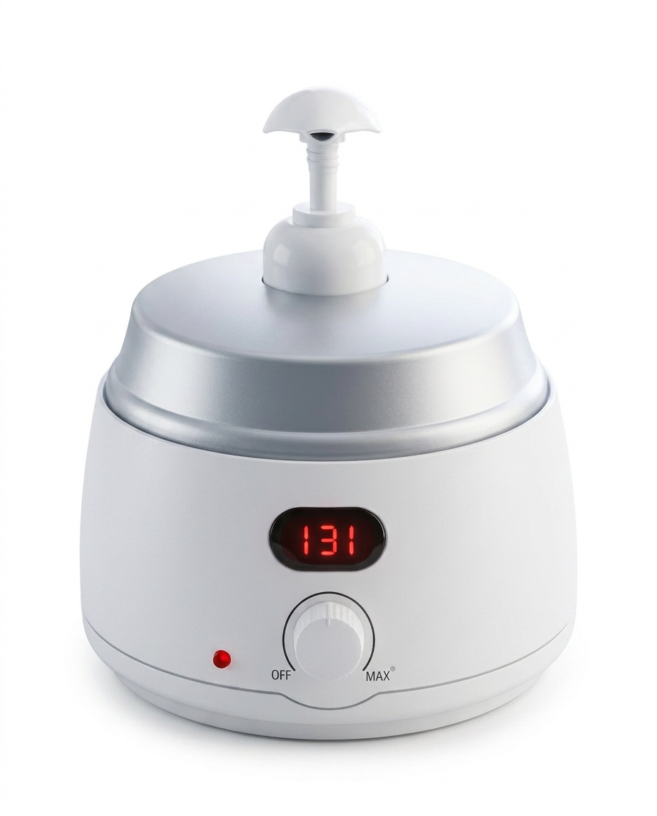 White oil warming dispenser with pump and red LED display, studio packshot