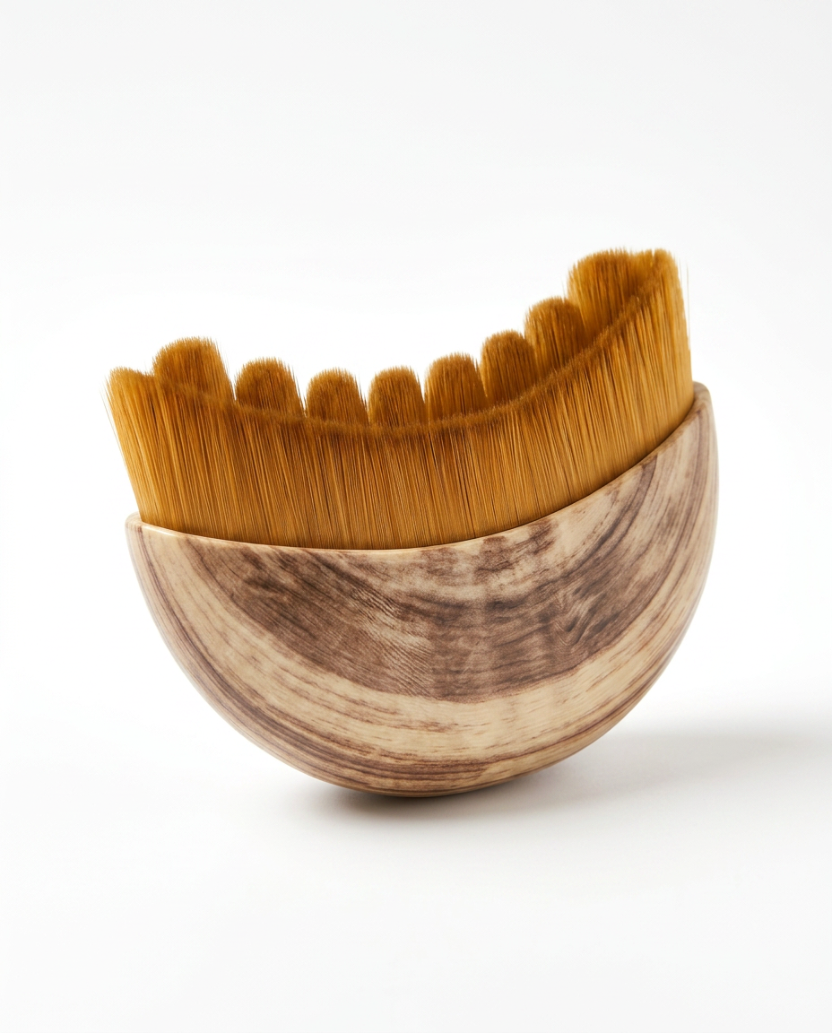 Curved wooden facial comb with soft golden bristles, front view on white