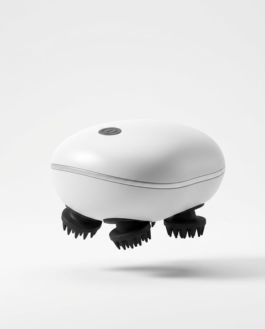 White electric scalp massager with silicone kneading claws, studio shot on white
