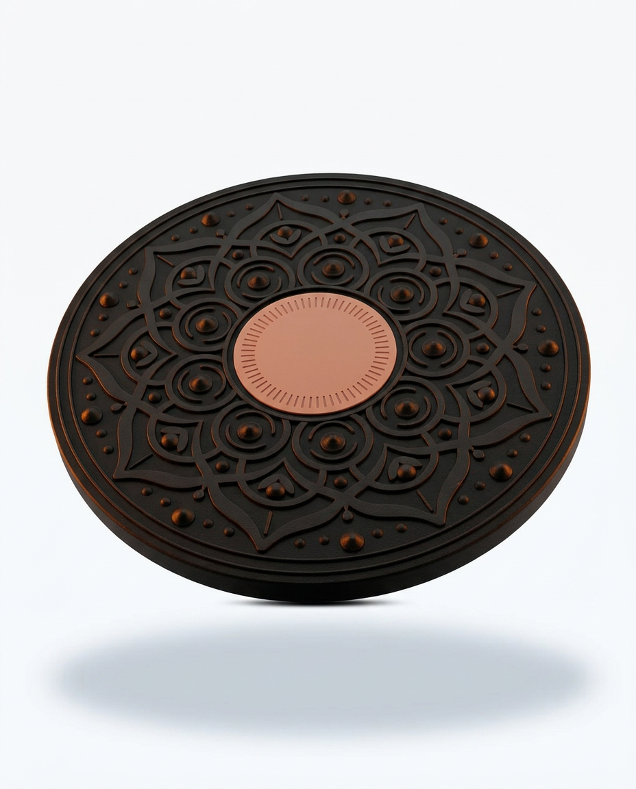 Black wobble balance board with mandala texture and copper center pad, studio shot