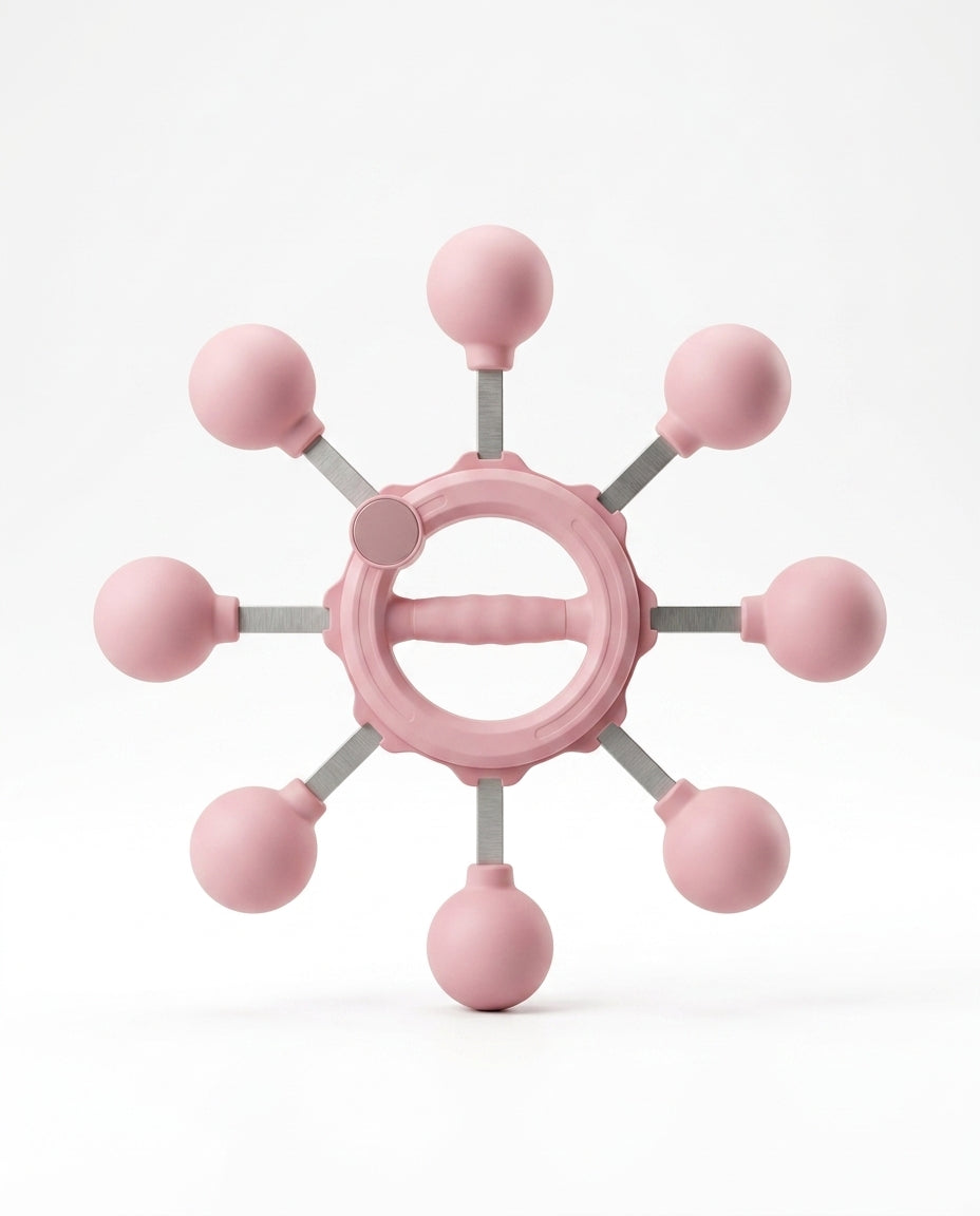 Pink 360-degree arm rotation trainer with eight weighted balls, studio shot on white