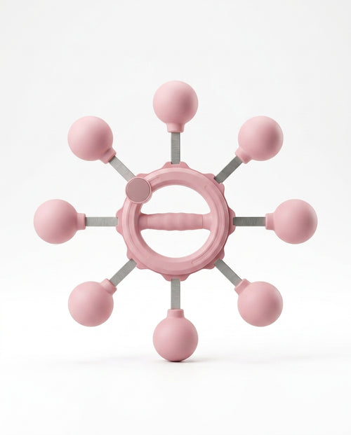Pink 360-degree arm rotation trainer with eight weighted balls, studio shot on white