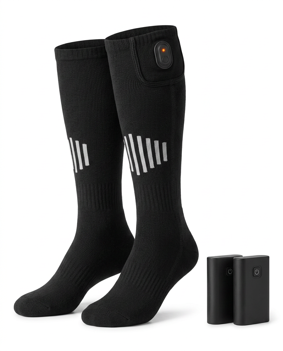 Pair of black winter heated socks with reflective stripes and battery packs