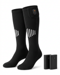 Pair of black winter heated socks with reflective stripes and battery packs