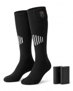 Pair of black winter heated socks with reflective stripes and battery packs