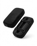 Pair of black memory foam armrest cushion pads with straps, on white