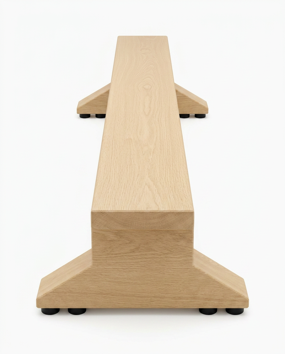 Wooden balance trainer beam on a pedestal base, end-on studio view on white