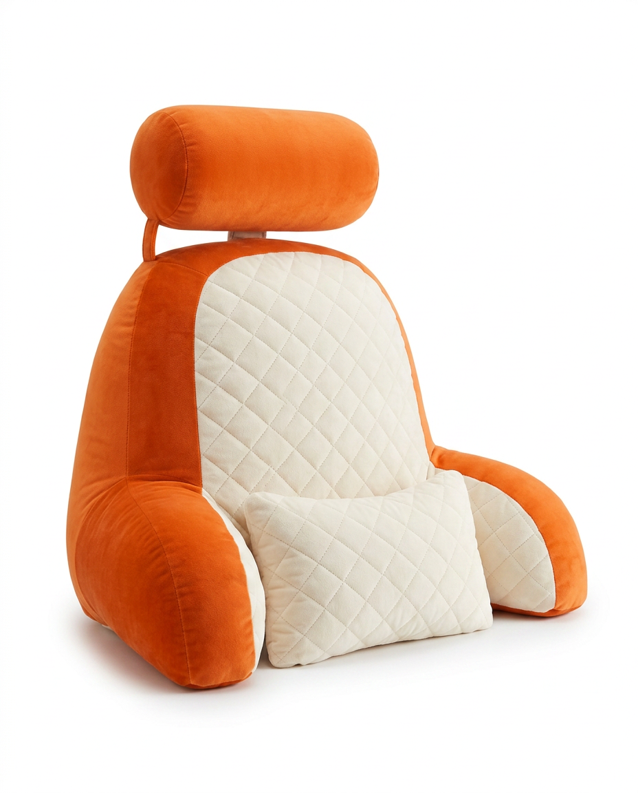 Orange and cream quilted reading pillow with headrest, armrests and lumbar cushion
