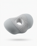 Grey memory foam side sleeper pillow with central ear cavity hole, on white