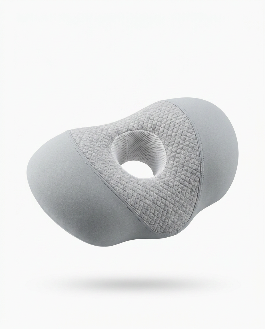 Grey memory foam side sleeper pillow with central ear cavity hole, on white