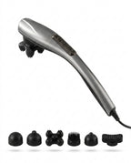 Silver handheld electric muscle massager with six attachment heads on white