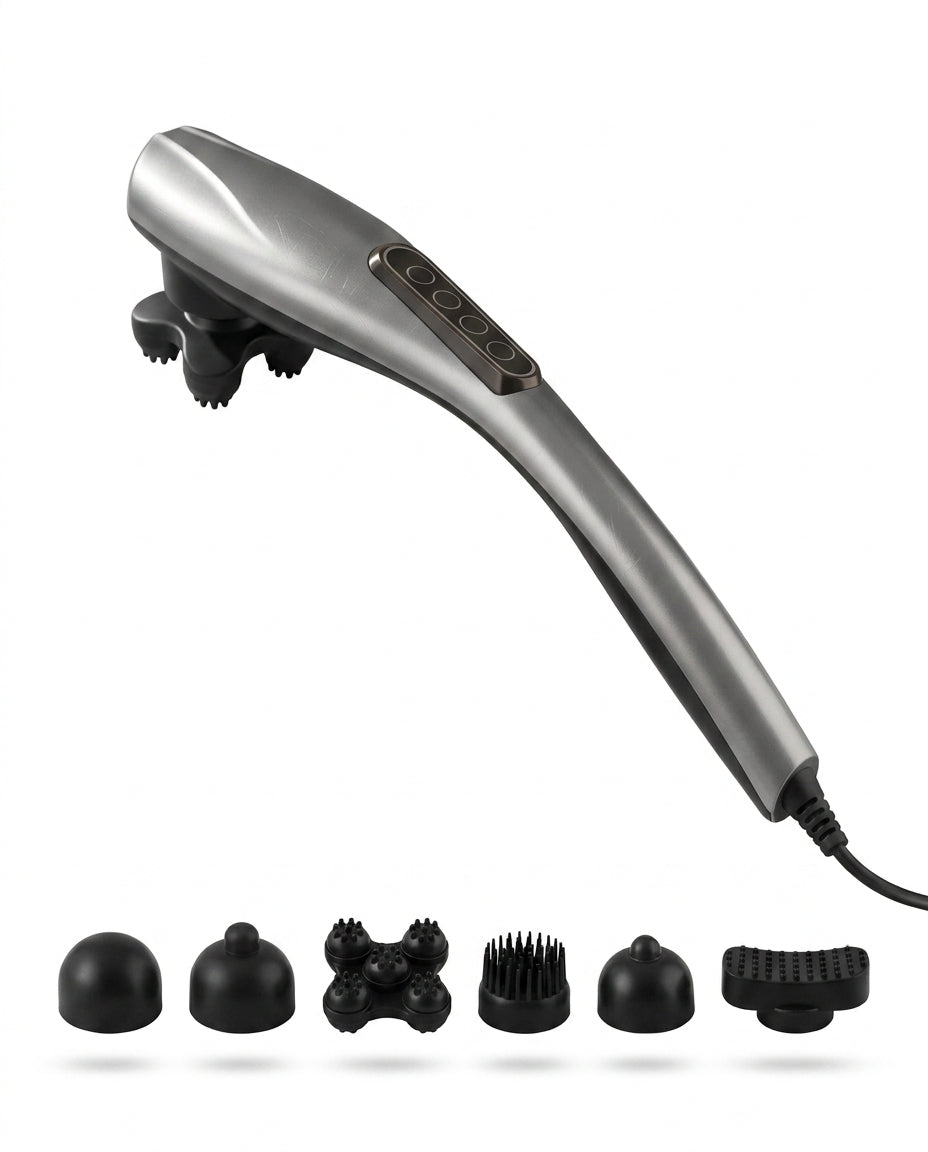 Silver handheld electric muscle massager with six attachment heads on white