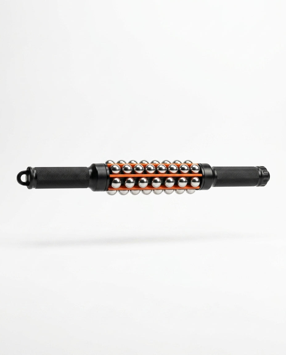 Black handheld muscle roller stick with steel balls and orange rails, studio shot