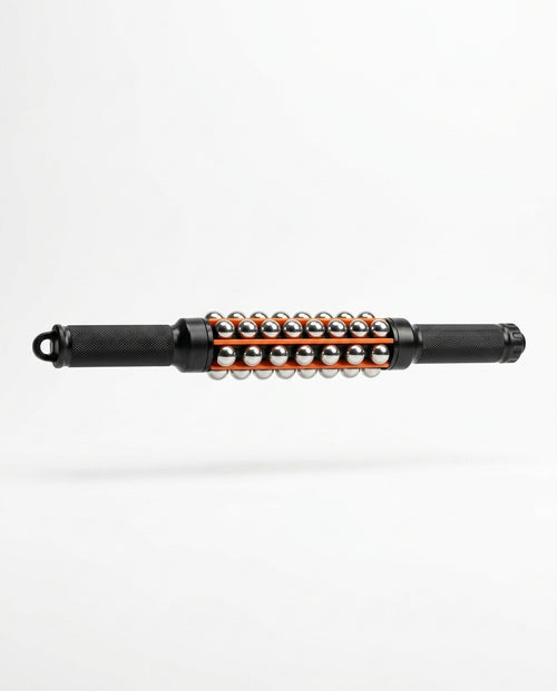 Black handheld muscle roller stick with steel balls and orange rails, studio shot