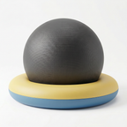 Grey exercise ball cradled in a yellow and blue stability ring base, on white