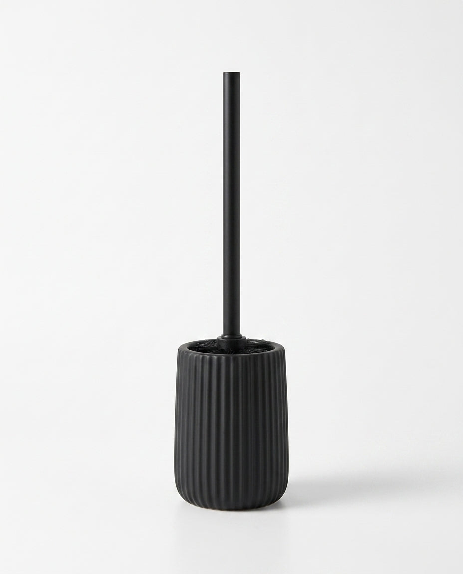 Black ribbed ceramic toilet brush holder set, studio packshot on white
