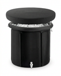 Black portable ice bath tub with padded lid over iced water, studio shot on white