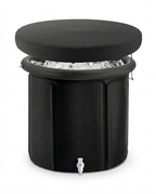 Black portable ice bath tub with padded lid over iced water, studio shot on white